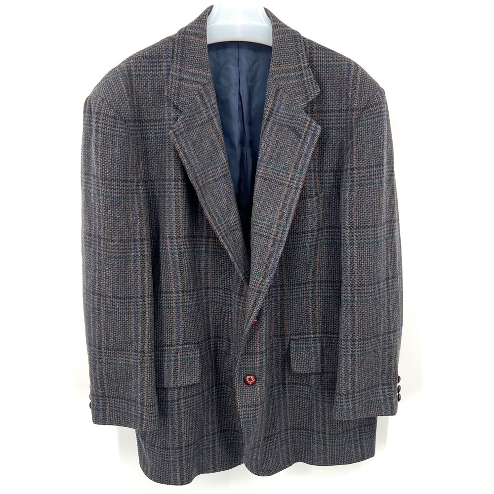 Men's Pendleton Blazer Jacket Wool Dark Blue Plaid‎ Leather Buttons Size 46